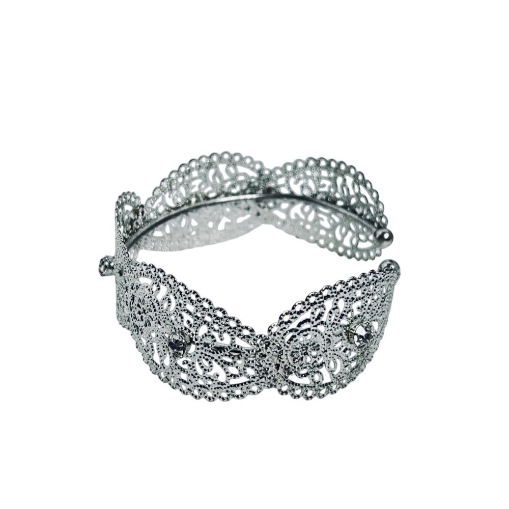 Silver Tone Filigree & Clear Rhinestone Adjustable Cuff Bracelet (5801) - Picture 5 of 5